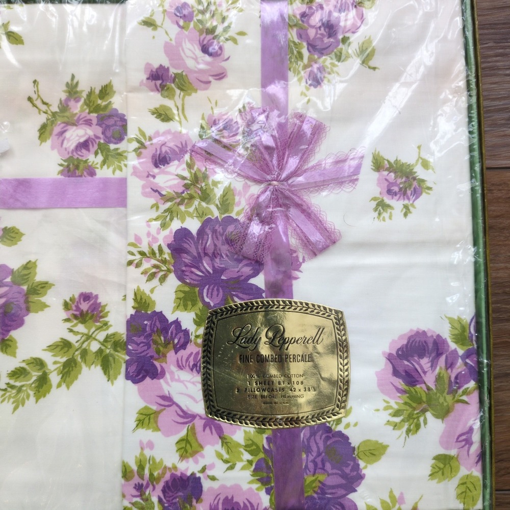 Vtg NOS Lady Pepperell Full Sheet Set Flat + Pillowcases Purple Rose Sealed Box - Picture 3 of 6